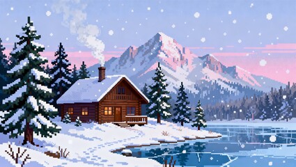 松林と凍った湖に囲まれた雪降るピクセル山小屋
