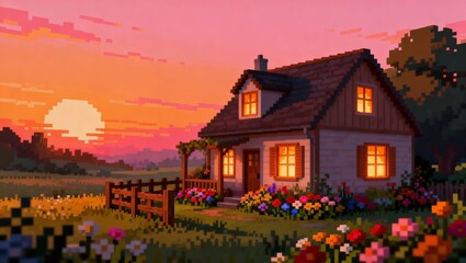 夕焼け空と花庭園に囲まれた暖かな灯りのピクセル田舎の家