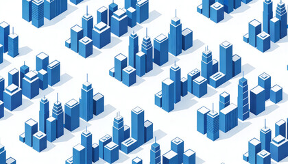 Naklejka premium Isometric Blue City Buildings Seamless Pattern Design with Skyscraper Towers