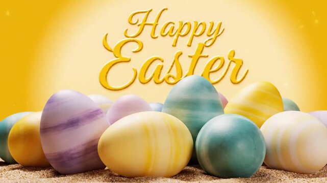 Happy easter greeting text appearing over colorful painted eggs on sand with golden bokeh background