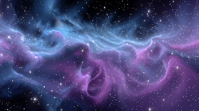 Vibrant purple and blue cosmic nebula with swirling gaseous forms and sparkling stars background