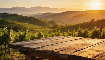 Fototapeta premium Rustic Wooden Table with Vineyard Hills and Sunny Sky at Golden Hour
