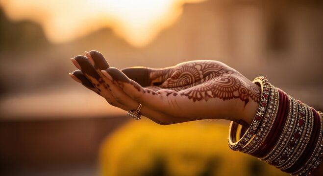 Close up of Indian woman hand with intricate Rajasthani henna and bridal chooda bangles