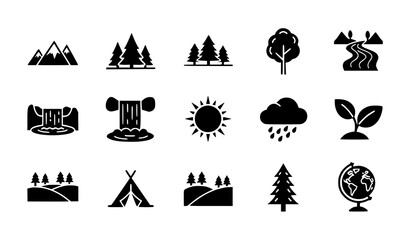 Obraz premium Black Silhouette Nature and Landscape Environmental Icon Set