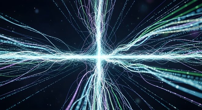 Light, motion, and connection merge in this 3D abstract visualization. Watch as digital particles trace paths through space, their journeys etched in luminous lines that build a living network. 