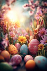 Fototapeta premium Little bunnies finding colorful Easter eggs in spring garden. Cute bunnies celebrating Easter surrounded by decorated eggs and blooming cherry blossoms