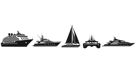 Various boats and ships silhouettes, perfect for maritime or nautical themes and designs. © Tina