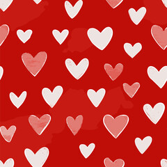 White outline and filled hearts scattering on a red watercolor textured surface. Hand drawn white hearts seamless pattern on red background