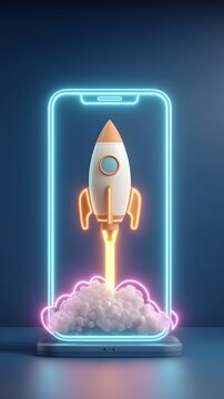 Rocket Launch on Smartphone: A stylized rocket blasts off from a smartphone screen, surrounded by glowing neon lights and fluffy clouds, symbolizing innovation and rapid growth.