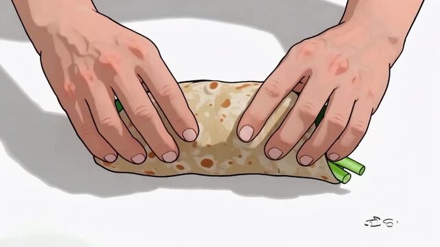 Hands Rolling Fresh Veggie Burrito Wrap Demonstration.
