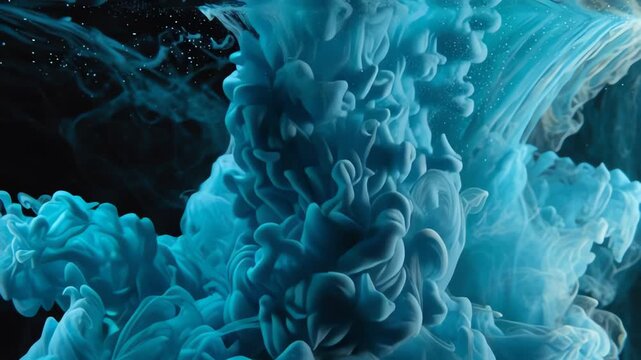 Abstract blue ink swirling in dark water creating organic cloud shapes for a dynamic background effect