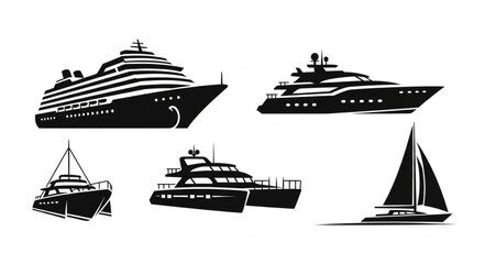 Collection of various black and white boat illustrations for maritime themes and designs. © Tina