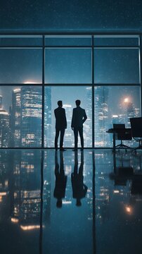 Two businessmen contemplating the future from a skyscraper office window at night, with the illuminated cityscape reflecting on the polished floor