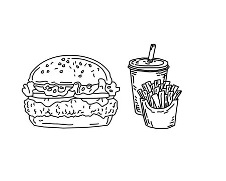 chicken burger combo, combo meal illustration, fast food set, burger fries soda, takeaway meal, junk food combo, hand drawn fast food, doodle food illustration, crispy chicken burger, french fries ske
