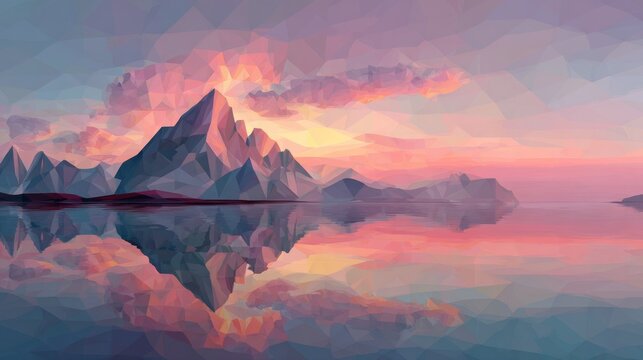Low poly mountain landscape at sunset with serene reflections