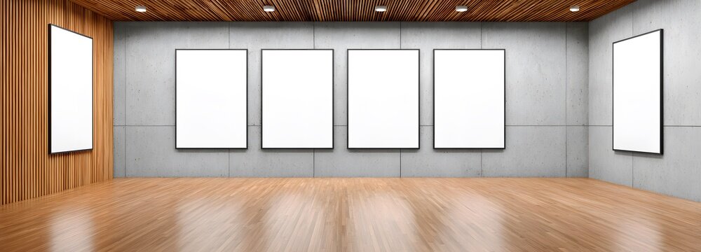 Empty Art Gallery with Frames: A minimalist art gallery with polished wooden floors, modern concrete walls, and a ceiling adorned with spotlights, featuring several empty frames ready for display.