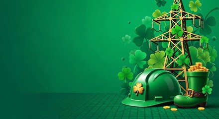 Fototapeta premium Green leprechaun boot full of gold next to hardhat and power tower. St. Patricks Day celebration of wealth and industrial theme.