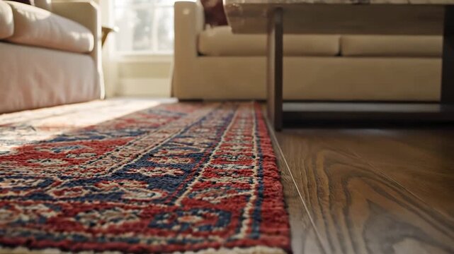 Warm sunlight streams across a traditional Persian rug laid on a polished wooden floor in a cozy living room setting with soft sofas in the background.
