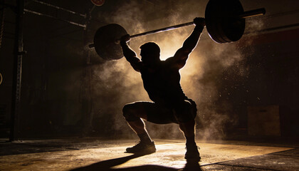 Dramatic Silhouette of Weightlifter with Barbell Overhead in Dusty Gym
