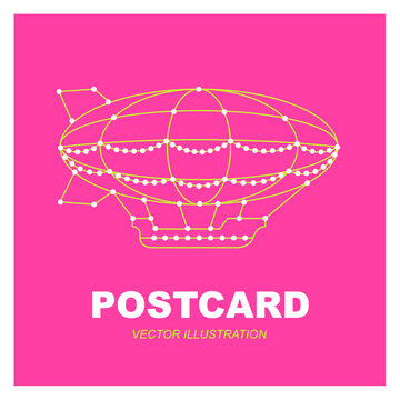 Modern neon wireframe vector illustration of a vintage zeppelin airship with lines against a bright pink background. Postcard templates, retro-futuristic posters, travel concepts, and technology