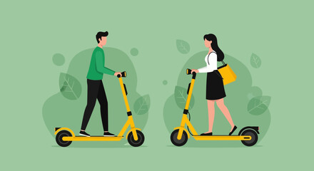 Man and woman riding electric scooters facing each other on green background. © Abhinaya Project