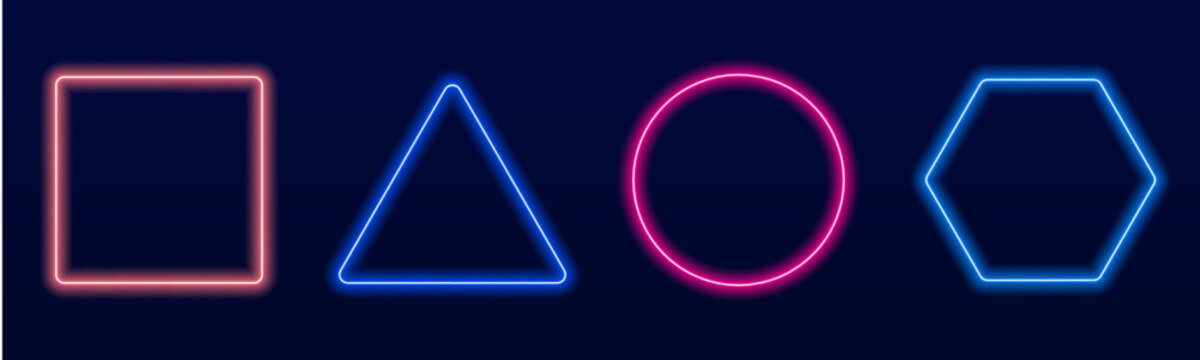 Smooth luminous geometric set including circle, square, triangle, and hexagon frames with bright gradient illumination, perfect for futuristic UI designs. vector