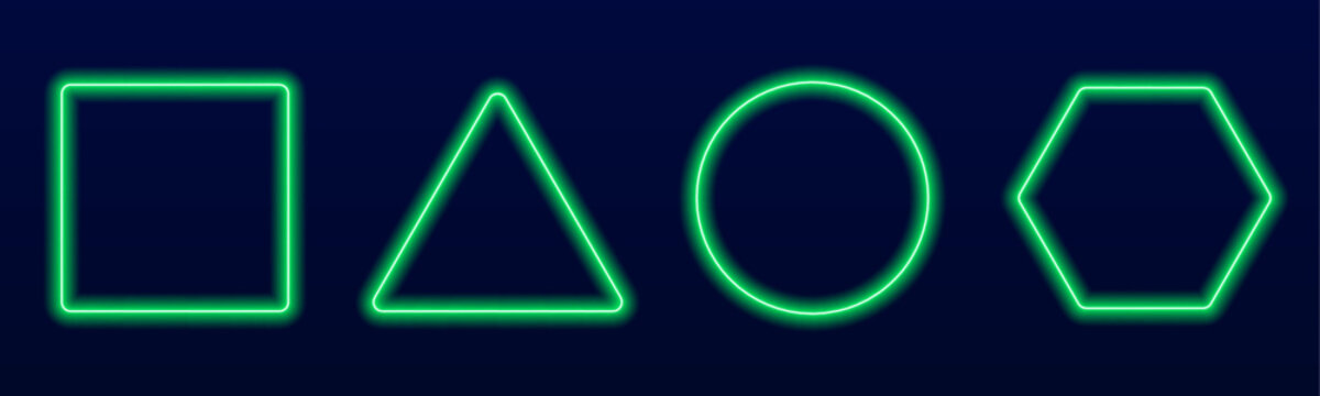 Futuristic glowing geometric set including circle, square, triangle, and hexagon frames with soft gradient illumination and luminous edges, suitable for UI projects. vector