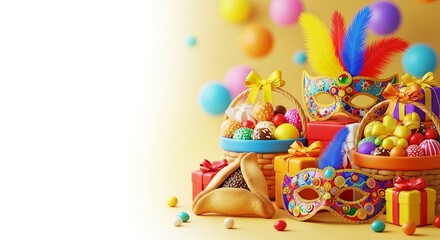 Obraz premium Festive Purim composition with colorful masks, baskets of treats, and hamantaschen for holiday celebration