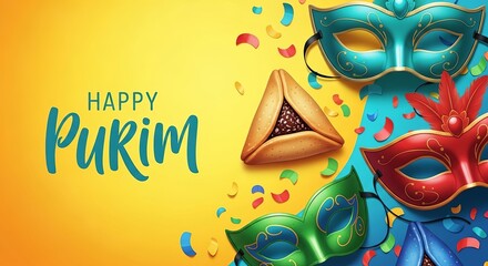 Obraz premium Happy Purim text with colorful carnival masks, confetti, and Hamantash cookie. Festive holiday celebration for greeting card or banner design.