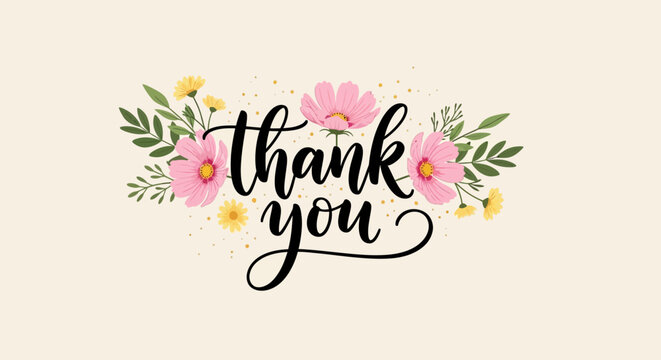 Floral thank you card with pink flowers and green leaves.