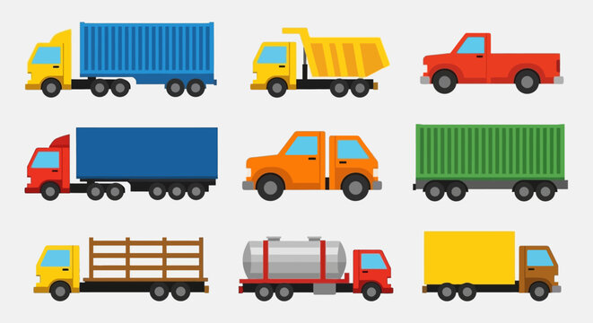 Collection of various colorful trucks and lorries in a grid.