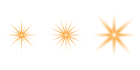 Set of three orange light effects with glowing rays and sparkles, abstract bright starburst elements on transparent background