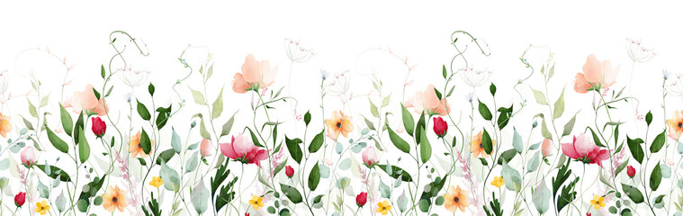 Watercolor floral greenery seamless border frame. Meadow peach poppy, red rose, orange, pink flowers, eucalyptus branches, green leaves, wild herbs. Hand drawn illustration. Artistic template design © satika
