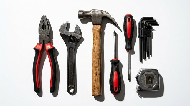 Hand tools set on white background, pliers wrench hammer and screwdrivers for home repair and diy projects, clean studio flat lay for hardware store ads and Fathers Day