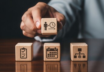 Hand arranging wooden blocks representing business organization and management concepts.