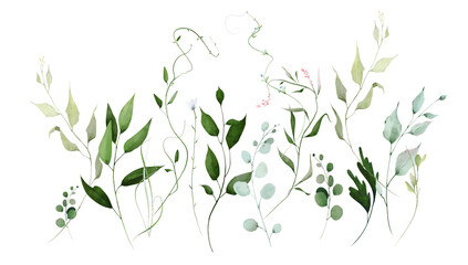 Watercolor floral greenery border frame. Meadow green herbs, eucalyptus branches, turquoise leaves, olive colour herbs, pink flowers. Hand drawn style illustration. Artistic template design. © satika