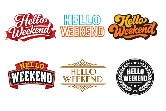 Colorful hello weekend logos in various artistic styles and designs