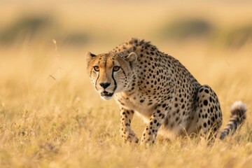 Cheetah crouching in golden grassland, alert and focused