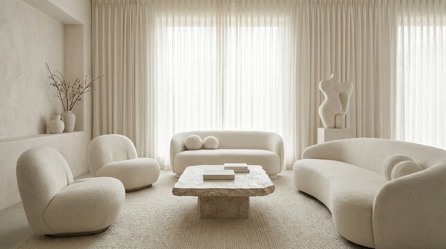 Minimalist Beige Living Room with Soft Textured Furniture and Natural Light