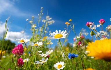 Fototapeta premium Vibrant Wildflower Meadow Under Bright Blue Sky in Nature's Splendor