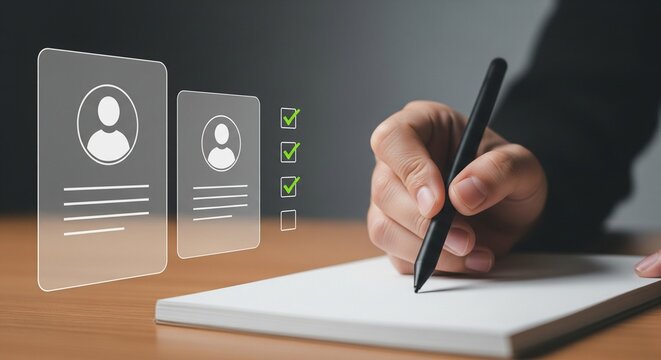 Hand writing on notebook with digital candidate profiles and checkmarks, recruitment process mockup, HR selection concept, business analytics photography