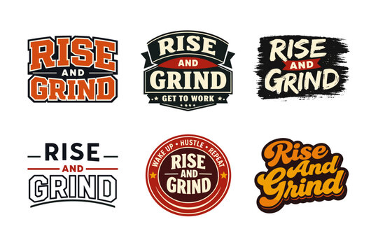 Rise and grind motivational badge collection with varied vintage designs
