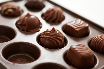 Assorted chocolate candies in a baking mold, featuring various shapes and textures