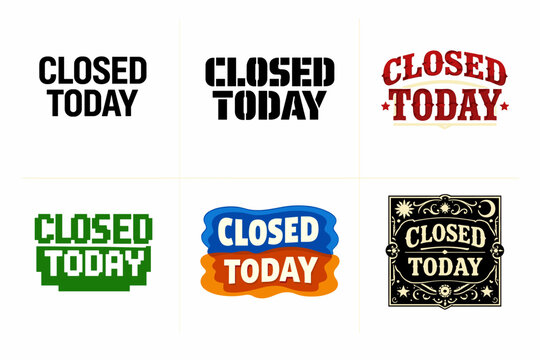 Diverse styles of closed today signs in various bold designs
