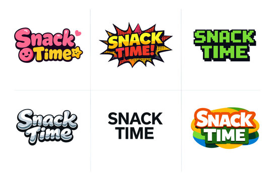 Colorful snack time logos with bold typography and retro designs