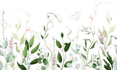 Watercolor greenery seamless border frame. Meadow green herbs, eucalyptus branches, turquoise leaves, olive colour herbs, pink flowers. Hand drawn style illustration. Artistic template design. © satika