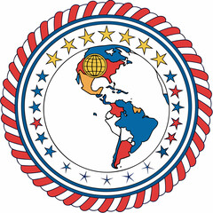 Colorful emblem with globe representing North and South America, bordered by red, white, and blue rope and stars © Md.Belal