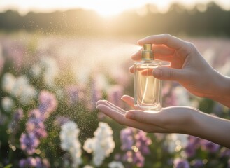 Woman Spritzing Perfume Bottle in Field of Flowers at Sunset Golden Hour Light