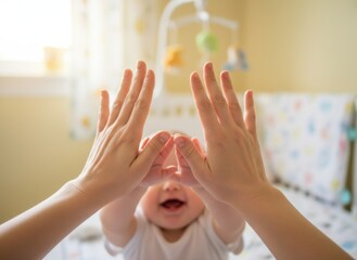 Joyful Baby Reaching for Parent's Hands in Crib with Soft Sunlight Creating a Warm Atmosphere