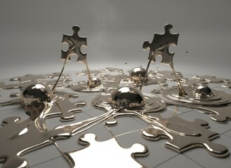 Golden Puzzle Pieces Melding Together with Liquid Metal Splashing in Dramatic Spotlight Lighting Conceptual Symbolizing Connection and Solutions